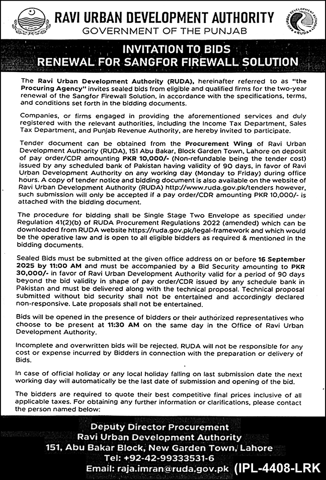 Ravi Urban Development Authority Lahore Tender Notice